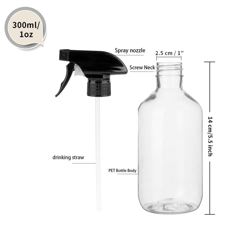 Likealot 2 Pack Leakproof Spray Bottles 300ml - Adjustable Nozzle (Mist/Jet), Refillable PET Plastic for Hair, Cleaning, Plants, Travel | BPA-Free, No-Spill Design, Salon & Home Essentials (Clear)