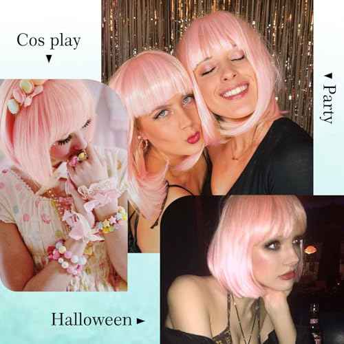 Light Pink Bob Wigs with Bangs Straight Short Wigs for Women Synthetic Pink Wig for Cosplay Women Funny Wig for Party Halloween Daily Wear Anime Costume Events