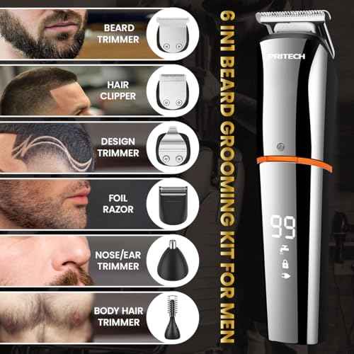 PRITECH Beard Trimmer for Men,6 in 1 Hair Clippers Kit, Precision Cordless Grooming Kit Waterproof IPX6 for Beard, Hair, Body, Nose, Ear, with Foil Razor (Silver)