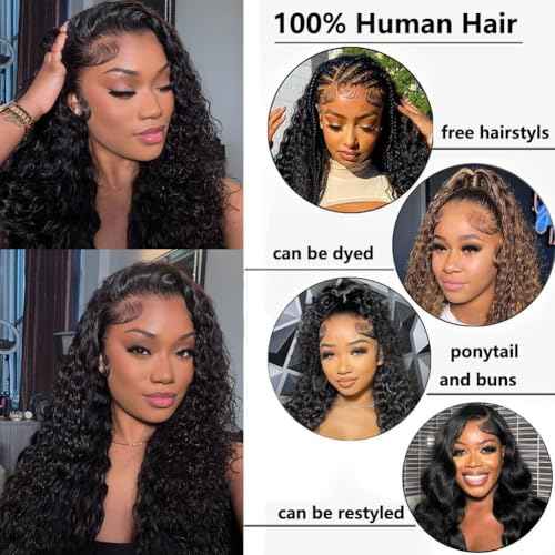 Caijuxing 30Inch Deep Wave Lace Front Wigs Human Hair 200 Density 13x4 HD Transparent Lace Frontal Wigs Human Hair Pre Plucked Curly Lace Front Wig Wigs for Black Women Natural Color