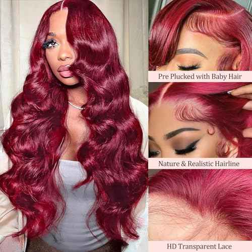 Smavida 99j Burgundy Lace Front Wigs Human Hair Body Wave 13x4 HD Transparent Lace Frontal Wigs for Black Women 180% Density 22 Inch Colored Wine Red Glueless Wig Pre Plucked with Baby Hair