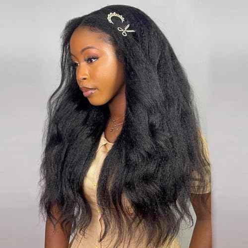 Nvnvdij Kinky Straight Half Wig Human Hair 200 Density 3 in 1 Seamless Flip Over Beginner Friendly Half Wigs 20 Inch