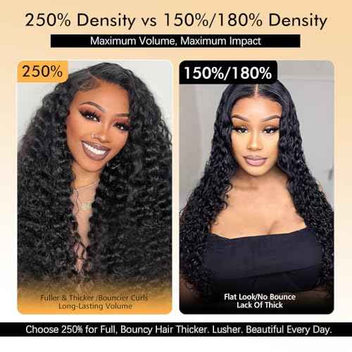 7x6 Deep Wave Glueless Wigs Human Hair Pre Plucked Pre Cut 250% Density Drawstring Wig Human Hair Wear and Go Glueless Wigs for Black Women Natural Color #1B 16 Inch