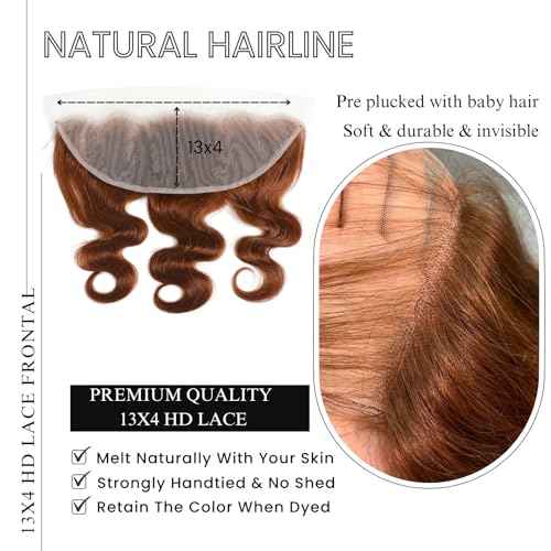 ALHER #33 Reddish Brown Body Wave 13x4 Lace Frontal Human Hair 18 Inch, Copper Brown Auburn Colored HD Transparent Lace Frontal Closure Ear to Ear 100% Virgin Remy Human Hair 150% Density