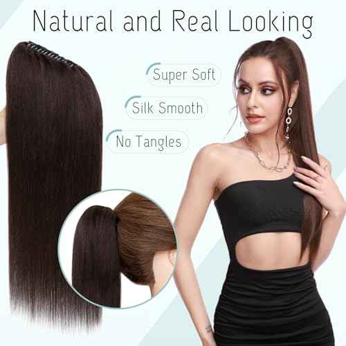 S-noilite Claw Clip Ponytail Extension Human Hair #2 Dark Brown Real Remy Human Hair Ponytail Extension 14inch Long Straight Hair Pony Tails Hair Extensions For Women 105Grams