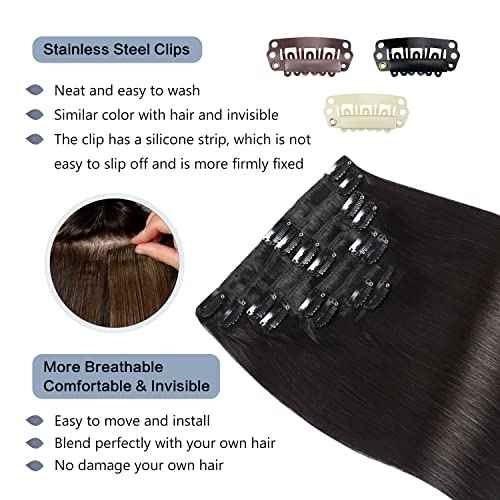 Sunya Real Human Hair Clip-in Extensions - Natural Black, Double Weft, Straight, 20 Inch #1B, 8pcs/120g