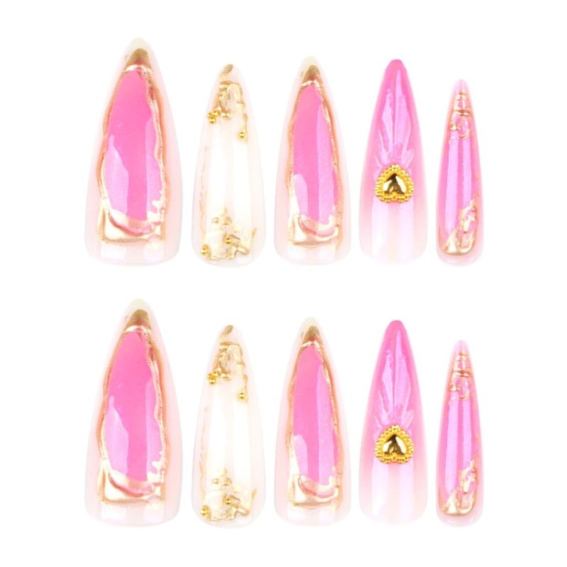 Foccna Long Press on Nails Almond Fake Nails White French Tip False Nails with Gold Line Design Glue on Nails Acrylic Nails Glossy Full Cover Stick on Nails for Women 24Pcs