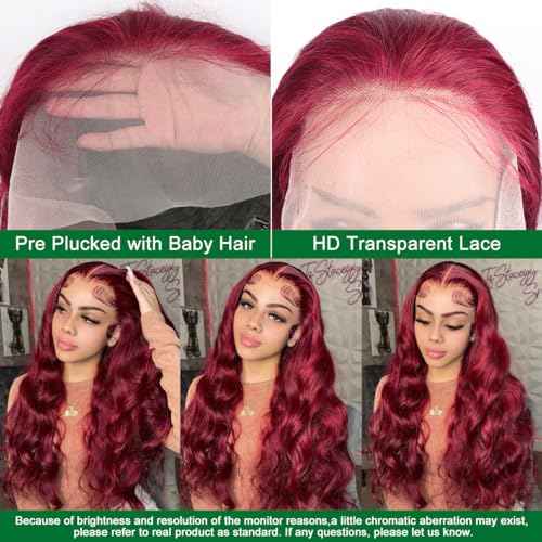 Body Wave 99j Burgundy 13x4 Lace Front Wig Human Hair 180% Density Glueless Burgundy Red Wigs Human Hair 99j Body Wave Wigs for Women 24 Inch
