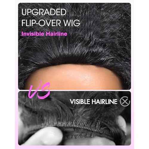 Kinky Curly Half Wig Human Hair 200 Density 3 In 1 Seamless Flip Over Half Wigs Glueless KinkyCurly Wigs Human Hair Beginner Friendly 360 Degree Flexi-fit Drawstring Headband Wig for Women 16 Inch