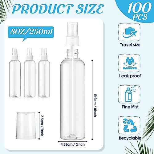Tanlade 100 Pcs 8 oz Empty Spray Bottles with Pump Spray Cap Refillable Clear Plastic Misting Bottles Fine Mist Bottle for Hair Essential Oils Beauty Products Cleaning Travel(White)