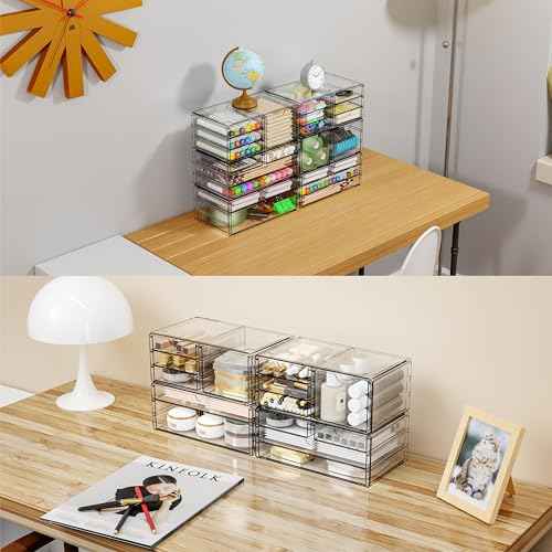 Yieach 2 Pack Acrylic Storage Drawers With 6 Drawers,Stackable Desk Organizer and Makeup Organizer,Large Clear Office Supplies Organizer for Pen,Stationary,Palettes,Arts Craft Organizers and Storage