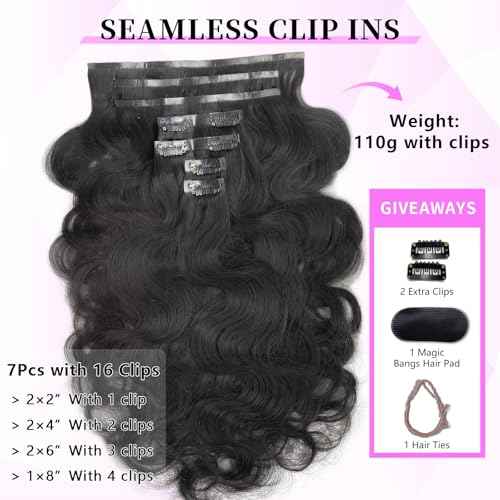 16 inch Seamless Body Wave Clip in Extensions Real Human Hair Extensions Clip Ins 110g 7pcs Thick Invisible Clip in Hair Extensions #1B Natural Black