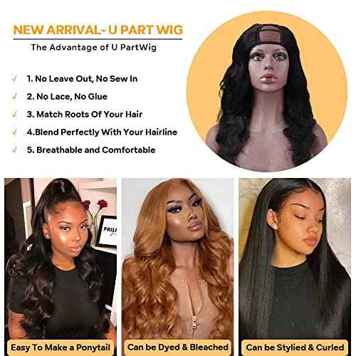 U Part Human Hair Wig Body Wave Drawstring Wig 180% Density U Part Wig Brazilian Virgin Human Hair wigs for Women Full Head Clip in Half Wigs Glueless No Leave Out Lace Front Wig Natural Color 14inch
