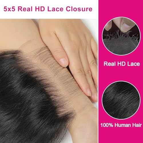 5x5 HD Lace Closure Human Hair Body Wave No Bleached Knots Invisible Pre Plucked Brazilian Virgin Human Hair Frontal Natural Black 20 Inch