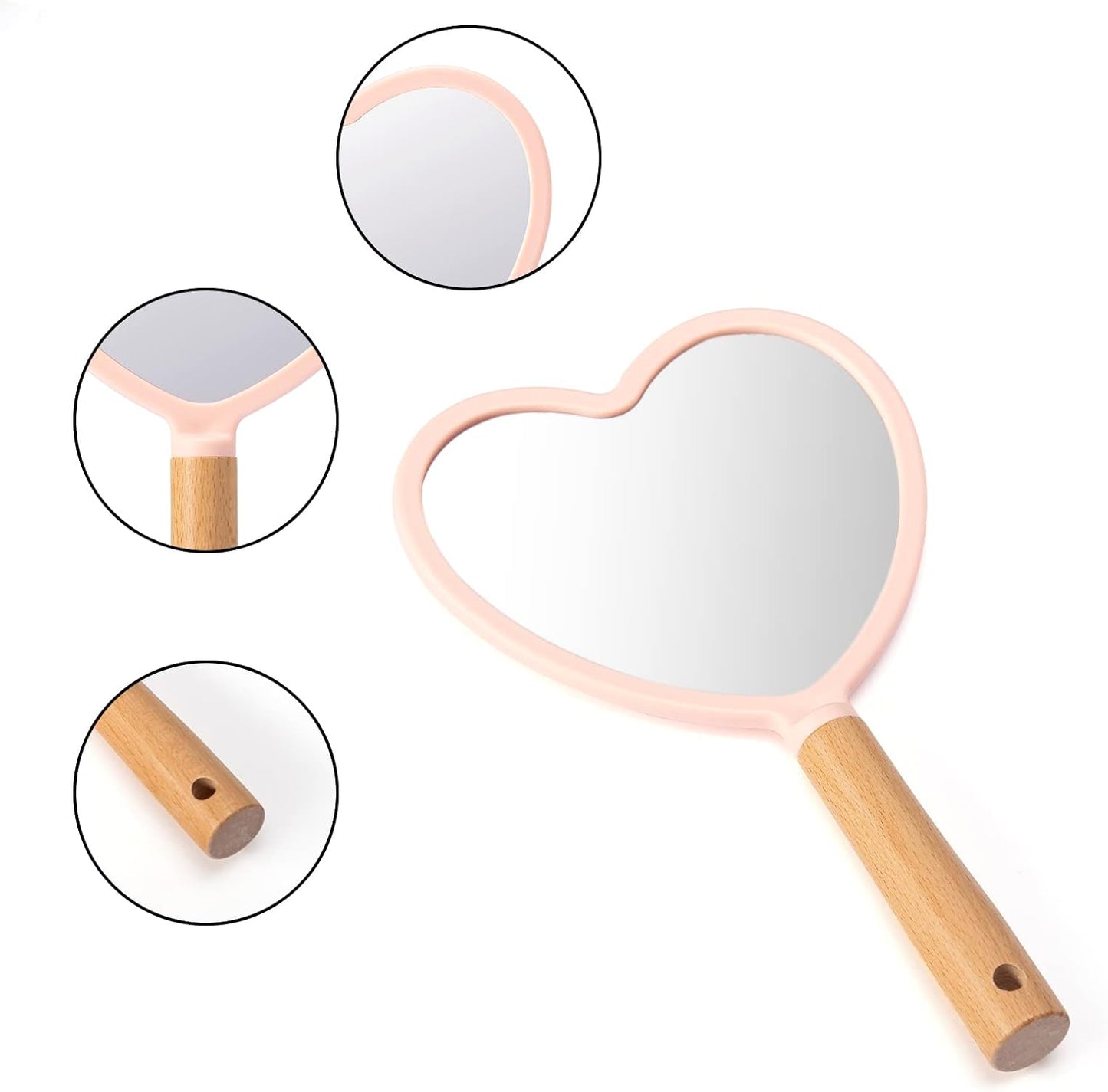 YEAKE Hand Held Mirror with Handle for Makeup,Small Cute Wood Hand Mirror for Shaving with Hole Hanging Single-Sided Portable Travel Vanity Mirror for Men&Women(Heart,Pink,1Pack)