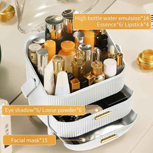 CANITORON Makeup Organizer,Skincare Organizer with 2 Drawers and Brush Storage Box,Lipstick Holder,Cosmetic Display Case for Vanity Organizer and Bathroom Countertop Storage.(White)