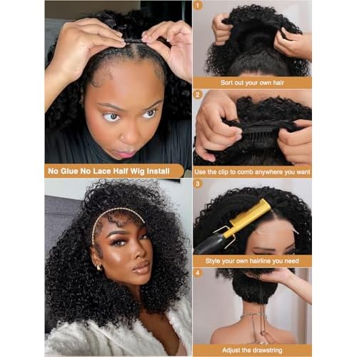 Kinky Curly Half Wig Human Hair 200% Density Wear Go Glueless Wigs Human Hair 3 In 1 Drawstring Seamless Flip Over Wig for Women Daily Wear Headband Wig Beginner Friendly Black (16inch)