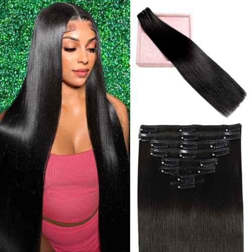 Clip in Hair Extensions Real Human Hair, Remy Human Hair Clip in Extensions for Black Women, Invisible Natural Straight Seamless Clip ins Hair Extensions 8pcs Double Weft #1B 24inch 120g
