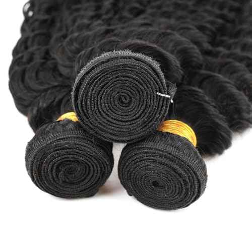 AUTTO Deep Wave Bundles Human Hair 16 18 20inch Brazilian Deep Wave Bundles for Black Women Wet and Wavy Bundles 100% Unprocessed Virgin Water Wave Curly Human Hair Weave 3 Bundles Natural Black