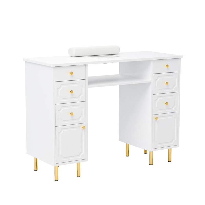 OmySalon White & Gold Accent Nail Desk for Nail Tech, Manicure Table with Electric Dust Collector, Storage Drawers & Wrist Cushion, Acetone Resistant for Salon and Home Nail Station