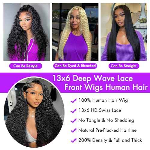 22 Inch Deep Wave Wig Human Hair 200 Density 13x6 Lace Front Wigs Human Hair Pre Plucked Glueless Wigs with Baby Hair Deep Curly Wig for Black Women