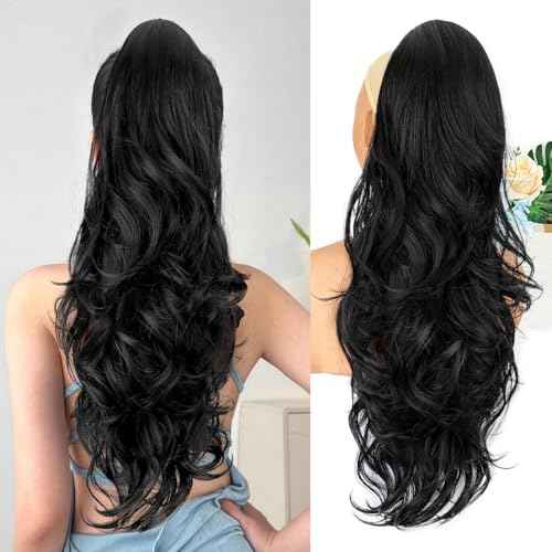 AISI BEAUTY Ponytail Extension 26 Inch Drawstring Ponytail Extension for Women Synthetic Long Black Wavy Layered Pony Tails Hair Extensions Clip in hairpieces fow Women