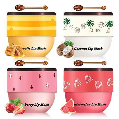 4PCS Honey Lip Balm Hydrating Honey Lip Mask Overnight Propolis Bee Lip Balm Prevention Dry and Cracked Lip Scrub Exfoliator (Honey+Strawberry+Coconut+Watermelon)
