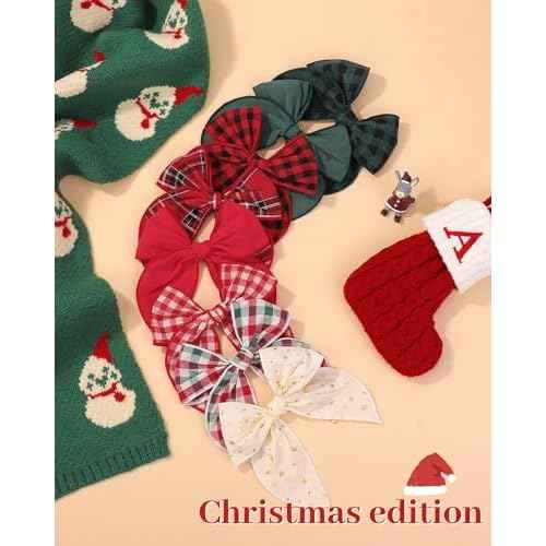 doboi 8PCS 5.5" Christmas Baby Girls Hair Clips Fable Hair Bows Cotton Linen Bows for Girls Gingham Hair Accessories for Baby Toddlers Kids