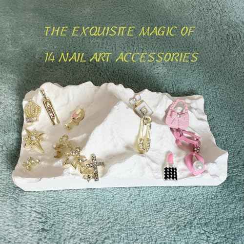 84 pcs 3D Gold Pink Nail Charms Y2K Set Cute Nail Charms with Stars, Crowns, Crosses,Bins,Lollipops, Lips, Bottles, Cups, Perfume, Lipsticks, Bags, and Heels for Nail Art