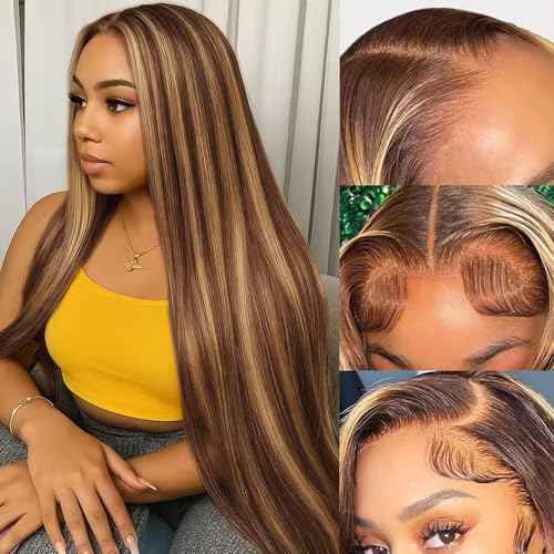 Ombre Lace Front Wig Human Hair 200% Density Honey Blonde Wigs 13x6 Lace Front Straight Wigs Human Hair 4/27 Blonde Highlighted Wig for Women 24 Inch