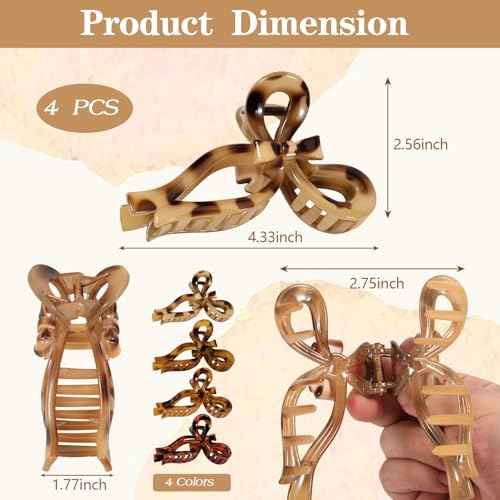 Auseibeely 4 Pcs Bow Claw Clips for Women & Girls, 4.3 Inch Tortoise Shell Cute Bow Hair Clips, Medium Claw Clip for Thick/Thin Hair, Non-Slip Elegant Butterfly Hair Accessories for Christmas Gift