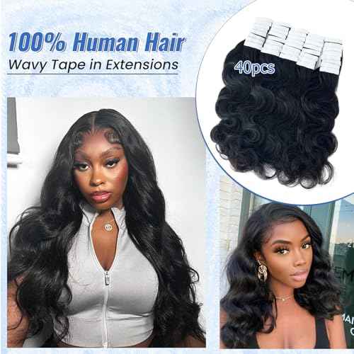 Licoville Body Wave Tape in Hair Extensions, Upgraded 100G 40PCS Body Wave Human Hair Tape ins for Black Women Skin Weft Soft Natural Black Curly Tape in Extensions Real Human Hair 18 Inch