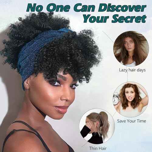 Headband Wig Afro Kinky Headband Wig with Bangs for Women Black Head Wrap 2 in 1 for Women Curly Full Scarf Wigs Synthetic Short Afro Kinky Wigs Afro High Puff Wig