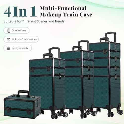 AROUS Rolling Makeup Train Case 4 in 1 Cosmetology Case on Wheels Large Storage Cosmetic Trolley with Key Salon Barber Case Traveling Cart Trunk, Green