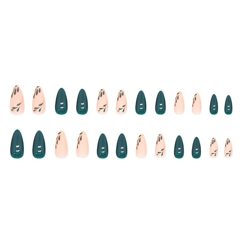 Almond Press on Nails Leaf Design Green Fake Nails Full Cover Glossy Glue on Nails for Women Manicure 24PCS