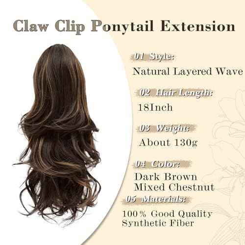 NAYOO Claw Clip Ponytail Extension Brown 18" Long Wavy Ponytail Clip in Hair Extensions for Women Curly Natural Layered Pony Tails for Short Thin Hair Synthetic Hairpiece(Dark Brown Mixed Chestnut)