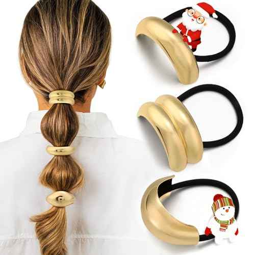 3PCS Gold Hair Ties, Metal Hair Ties for Thick Hair, Elegant Durable Geometric Design, Gold Hair Accessories Stretchy and Non-Damage Ponytail Cuff Holders, 3 Styles in Box Holiday Christmas Gifts