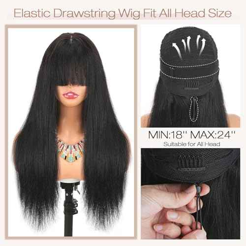 Straight Human Hair Wigs with Bangs 2x4 Lace Closure Wigs Human Hair 180% Density Drawstring Glueless Wigs Human Hair for Women Lace Front Wigs Human Hair Natural Black 20inch.