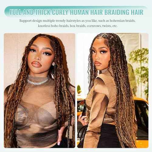 30 Inch Highlight Honey Blonde Human Braiding Hair for Boho Braids Deep Curly Bulk Human Hair for Braiding No Weft 2 Bundles 100G Water Wave Wet And Wavy Micro Braiding Extensions