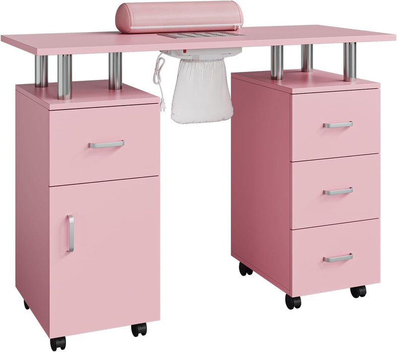 Manicure Table with Storage Cabinets and Drawers, Nail Desk for Nail Tech with Lockable Wheels, Dust Collector Acetone Resistant, Arm Rest for Makeup Spa Beauty Salon Station