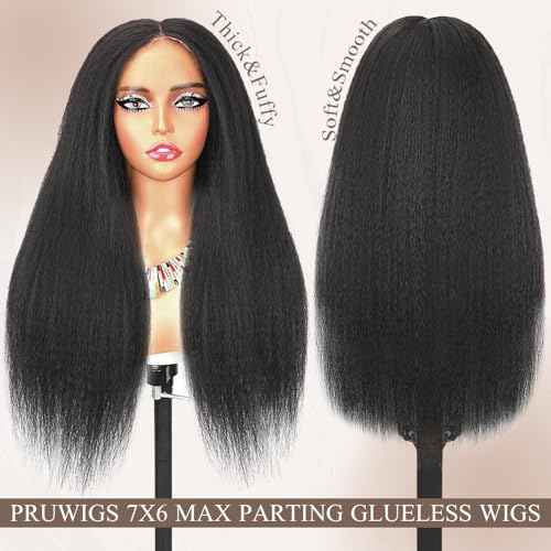 16 Inch 7x6 Glueless Wigs Human Hair Pre Plucked Pre Cut 250% Density Kinky Straight Lace Front Wigs With Drawstring Parting Max HD Lace Closure Wigs Human Hair for Women Natural Black