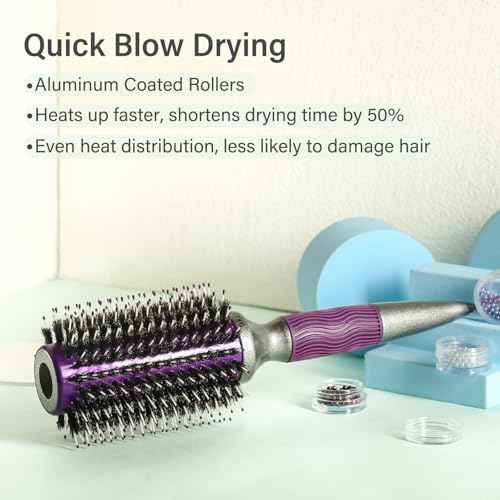 BRUSHZOO Round Brush for Blow Out, Boar Bristle Round Brush for Women Add Shine Volume, Hairbrush for Women Blow Drying Styling