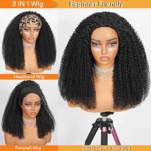 Kinky Curly Half Wig Human Hair 250% Density 20 Inch 3 In 1 Seamless Flip Over Drawstring Ponytail Headband Wig Human Hair Glueless Wear and Go 100% Human Hair Burmese Kinky Curly Half Wigs