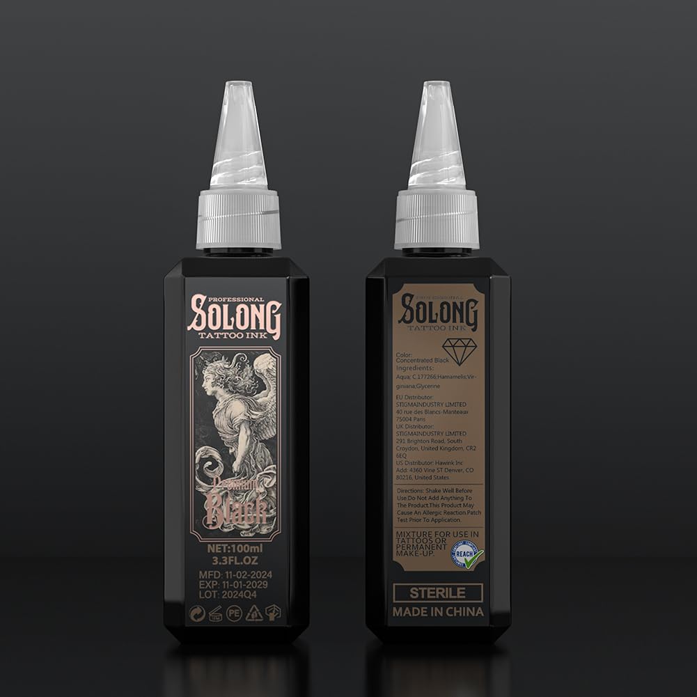 Tattoo Ink,Solong S Series 3.4oz(100ml) Professional Black Tattoo Ink for Outlining,Shading and Blending-Premium Black Tattoo Supplies,TI303S-100-031
