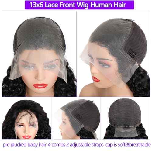 Lemoda 13x6 Water Wave Lace Front Wigs Human Hair 20 inch HD Lace Brazilian 15A Deep Wave Frontal Wigs 180% Density 13x6 Curly Human Hair Wig with Baby Hair Glueless Water Wave Wig For Black Women