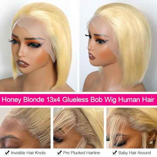 Honey Blonde Bob Wig Human Hair 13x4 HD Lace Frontal Glueless Wigs Human Hair for Black Women 180 Density Pre Plucked 100% Brazilian Virgin Blonde Wigs Human Hair - 14 Inch Skinlike 613 Bob Wig