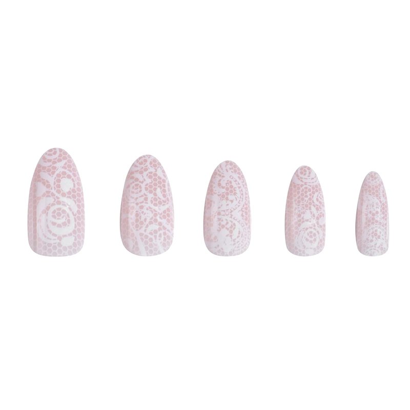 Press On Nails - Beige Lace Almond Fake Nails | 30 Nails in 15 Sizes, Reusable Salon Quality