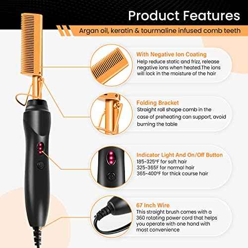 Hot Comb Set 7Pcs, Electric Hair Straightener Pressing Comb for Black Hair, Hot Comb Set with Wig Wax Stick, Lace Band, Rat Tail Comb £¦Salon Clips