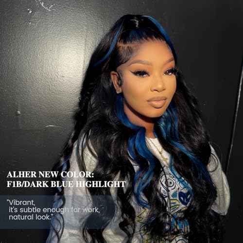 ALHER Black Mix Blue Body Wave 4x4 Lace Closure, 12A #1B/BlueColored Closure Free Part Pre Plucked with Baby Hair, 100% Virgin Remy Human Hair for Black Women 150% Density 12 Inch
