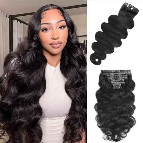 Seamless Body Wave Clip Ins Human Hair Extensions Invisible Weft Clip In Hair Extensions Real Human Hair 24Inch 8Pcs PU Clip ins Remy Hair for Women 18Clips 120g Natural Black